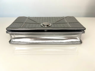 Christian Dior Metallic Diorama Silver Micro Cannage Wallet on Chain / Crossbody Bag