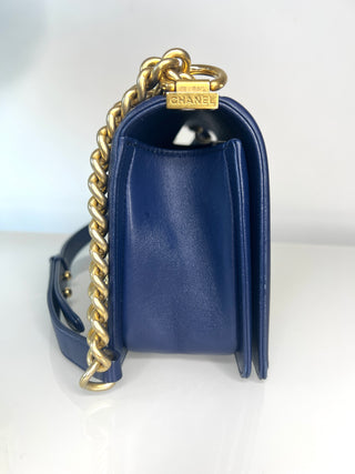 Chanel Medium Boy Bag Navy Blue Quilted Lambskin Leather Gold Tone Hardware Shoulder Bag