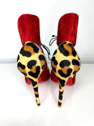 Christian Louboutin Ferme Rouge 100 Rougissime Red Leopard Suede Heels  38.5 UK5.5