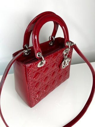Dior Pre-Loved Lady Dior Medium Deep Red/Burgundy Patent Leather Bag