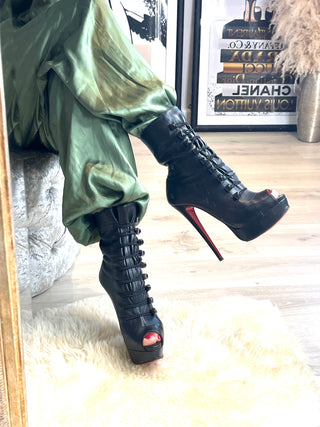 Christian Louboutin Alta Bouton 150 Black Leather Peep-Toe Platform Boots — Size 39 UK6