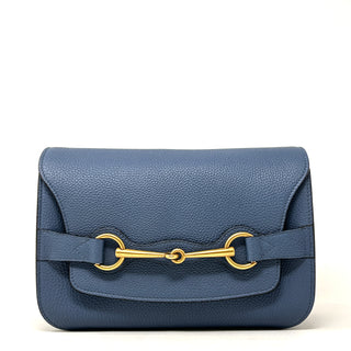 Gucci Blue Grained Leather Antique Gold Horsebit Shoulder Bag