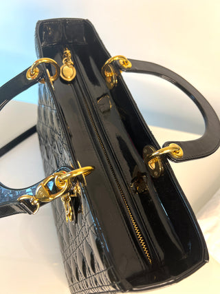 Dior Large Lady Dior Black Patent Leather Handbag