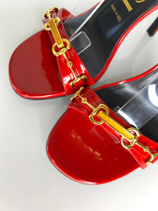 Gucci Moorea  Horsebit Red Patent Leather Ankle Strap Heeled Sandals 38 UK5