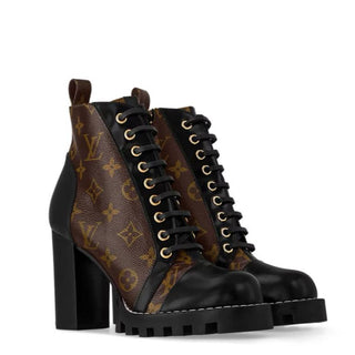 Louis Vuitton Black Patent Brown Monogram Lace Ankle Boots