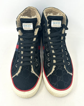 Gucci Tennis 1977 Mens Black Suede Monogram Shearling High Sneakers Boots 40.5 UK 6.5