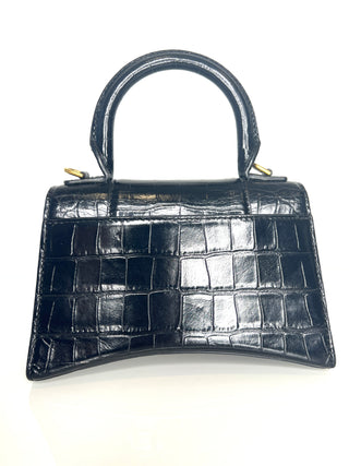 Balenciaga Preloved Hourglass XS Black Croc-Embossed Top Handle Shoulder Bag