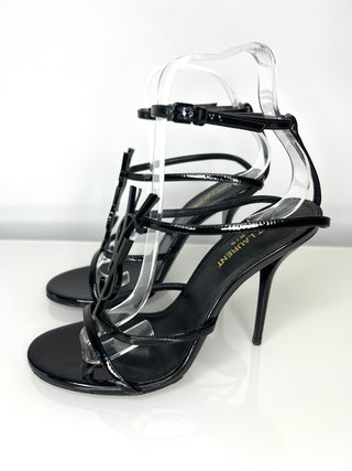 Saint Laurent Cassandra YSL Logo Black Patent Leather Sandals 37.5 UK4.5