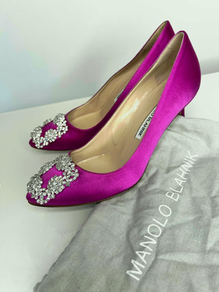 Manolo Blahnik Preloved Hangisi 70 Crystal-Embellished Fuchsia Pink Pumps Heels 35 UK2