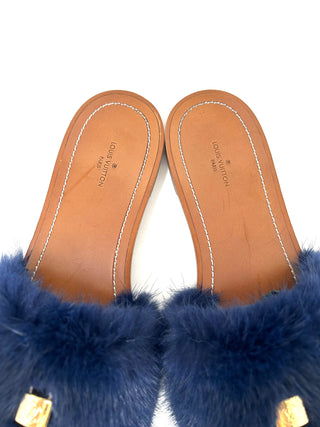 Louis Vuitton Brown Leather Dark Blue Mink Fur Slides