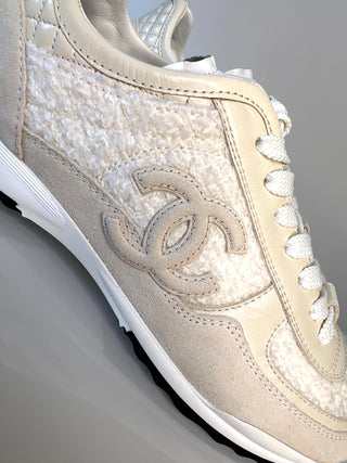 Chanel CC White, Cream & Beige Tweed, Suede and Leather Trainers – Size 38.5 UK 5.5
