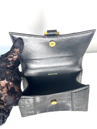 Balenciaga Preloved Hourglass XS Black Croc-Embossed Top Handle Shoulder Bag