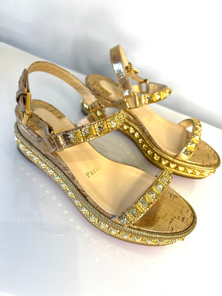 Christian Louboutin Pyradiams Gold Studded Platform Wedge Sandals Large 35 UK2