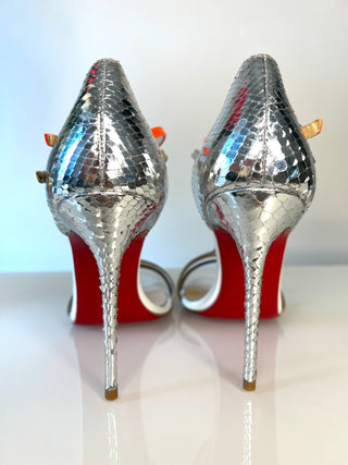 Christian Louboutin Multicolour T-Strap Silver Snakeskin Effect Heels Sandals – Size 38 UK 5