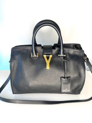Yves Saint Laurent Cabas Black Leather satchel bag with gold-tone Y metal logo on the front