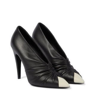 Saint Laurent Black Leather White Toe Ruched Pump Heels