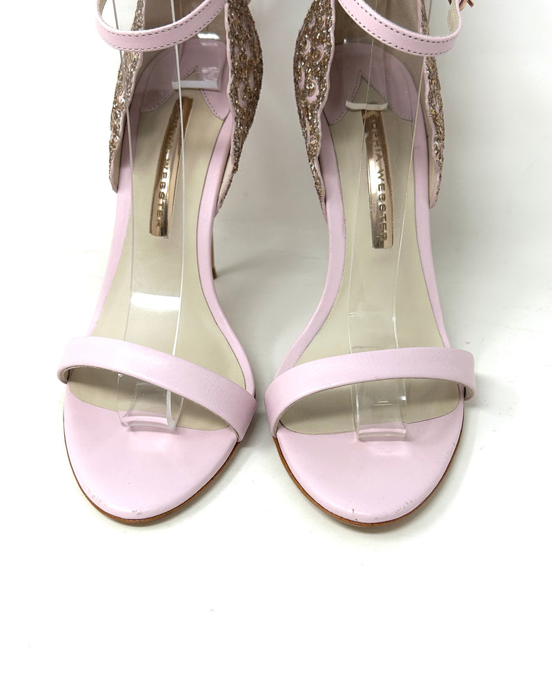 Sophia Webster Evangeline Light Pink Leather Glitter Wing Heel Sandals 39 UK 6