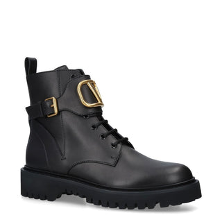 Valentino Garavani Gold Logo Black Leather Lace Up Combat Ankle Boots