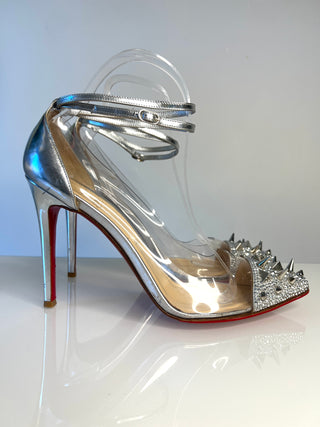 Christian LOuboutin Just Picks PVC Silver leather crystal spike heels