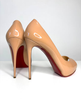 Christian Louboutin New Very Prive 120 Nude Patent Leather Peep Toe Heels 38.5 UK5.5