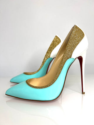 Christian Louboutin Tucsick 120 Turquoise Gold Glitter Heels 38 UK5