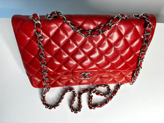 Chanel Jumbo Red Lambskin Classic Single Flap Shoulder Bag - Preloved