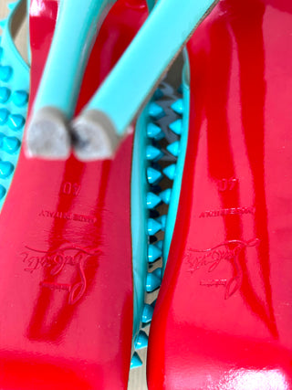 Christian Louboutin Spikes Turquoise Patent Peep Toe Sling Back Heels