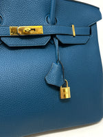 Hermes Birkin 35 Bleu De Presse Gold Hardware Togo Leather Handbag