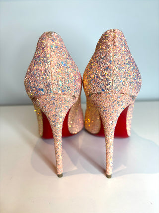 Christian Louboutin Pigalle Follies 100 Dragonfly Pink Glitter Heels 38.5 UK5.5