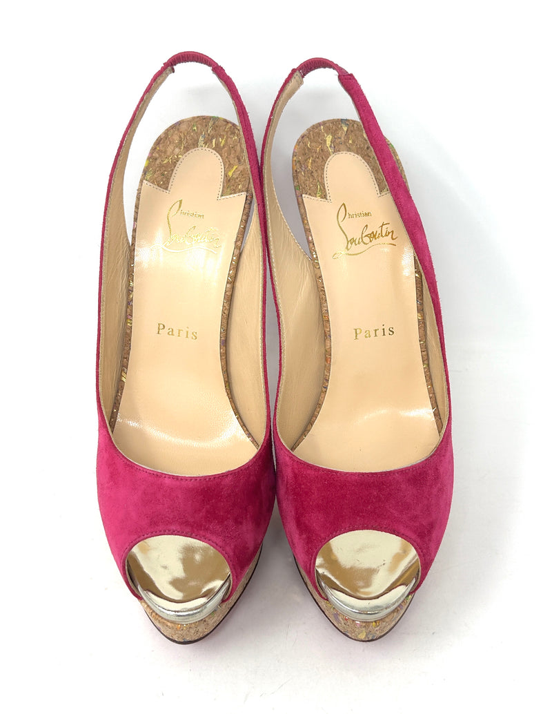 Christian Louboutin Lady Peep 150 Pink Suede Cork Slingback Platform Heels 41 UK 8