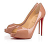 nude patent leather peep toe platform heels with signature red soles
