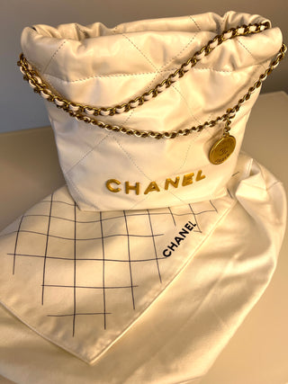 Chanel 22 Mini White Calfskin Bucket Hobo Crossbody Bag