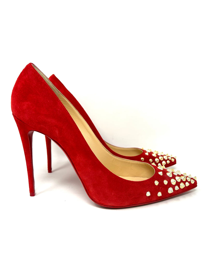 Christian Louboutin Spikyshell 100 Red Suede Golden Spike Heels 40