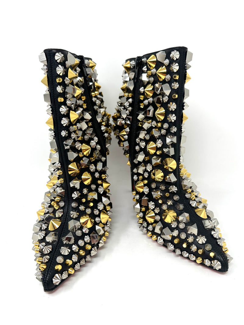So Full Kate 100 Black Nappa Gold Silver Studded Ankle Booties 37 UK 4
