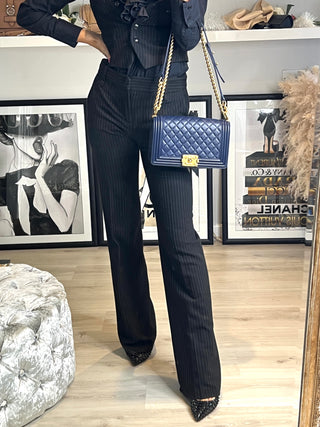 Chanel Medium Boy Bag Navy Blue Quilted Lambskin Leather Gold Tone Hardware Shoulder Bag