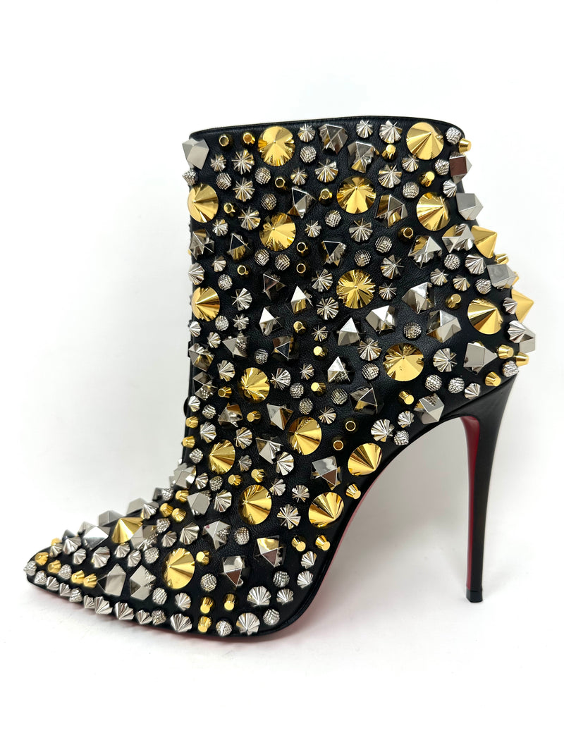 So Full Kate 100 Black Nappa Gold Silver Studded Ankle Booties 37 UK 4
