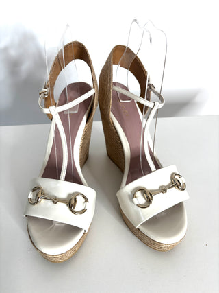 Gucci Horsebit White Patent Leather Wedge Sandals 40.5 UK7.5