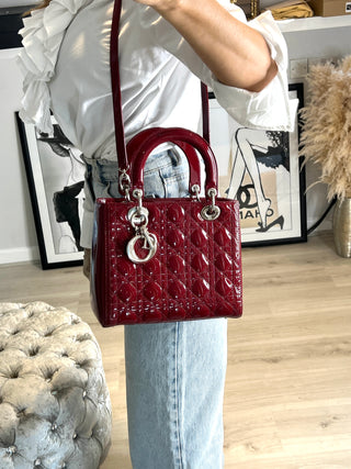 Dior Pre-Loved Lady Dior Medium Deep Red/Burgundy Patent Leather Bag