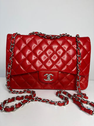 Chanel Jumbo Red Lambskin Classic Single Flap Shoulder Bag