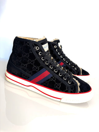 Gucci Tennis 1977 Black Suede Monogram Shearling High Sneakers Boots 40.5