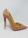So Kate 120 Nude Patent Heels 43 with pointed toe and signature red sole