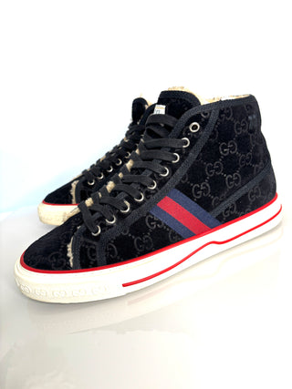 Gucci Tennis 1977 Black Suede Monogram Shearling High Sneakers Boots 40.5