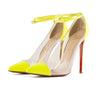 neon yellow and clear PVC pointed strappy heels with signature red soles