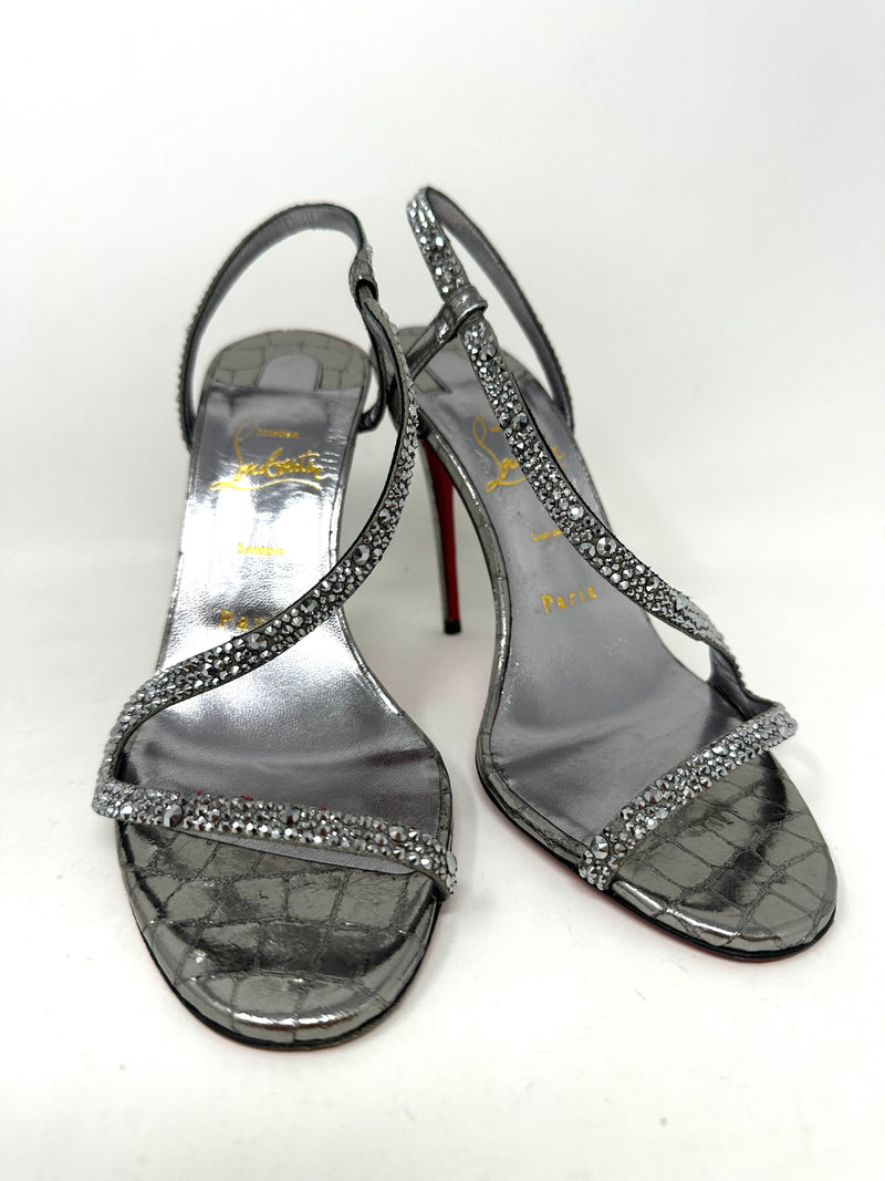 Rosalie 100 Silver Leather Strass Sandals Heels 37 UK 4