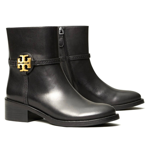 black leather ankle boots with gold detailing and block heel