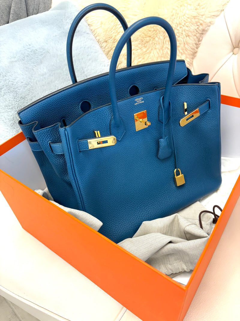 Hermes Birkin 35 Bleu De Presse Gold Hardware Togo Leather Handbag