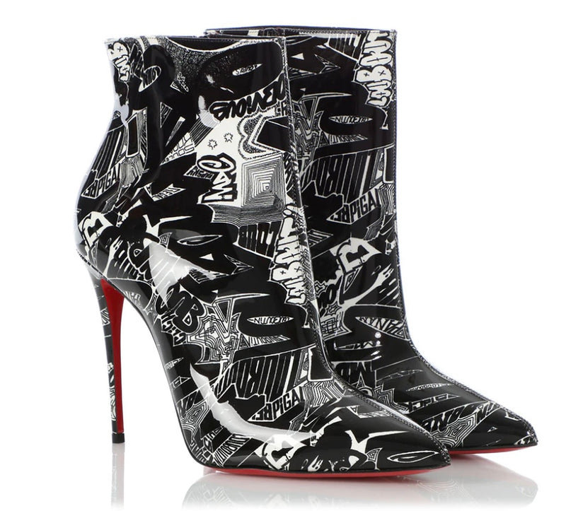black and white patent printed ankle booties with signature red soles