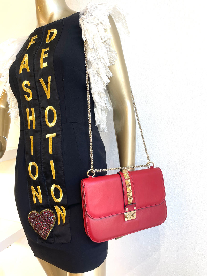 Valentino Red Leather Medium Rockstud Glam Lock Flap Bag Valentino