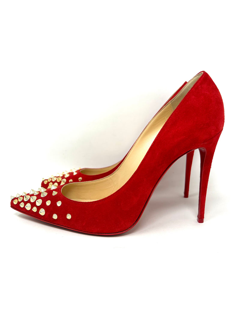Christian Louboutin Spikyshell 100 Red Suede Golden Spike Heels 40