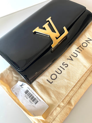 Louis Vuitton Louise Gold LV Black Patent Leather Clutch Bag